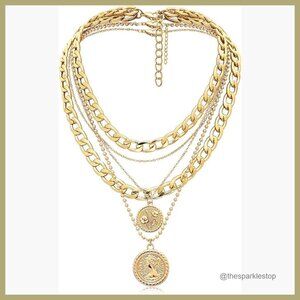 Gold Layered Necklace Set with Coin Pendant, 3 Piece Chain Necklaces